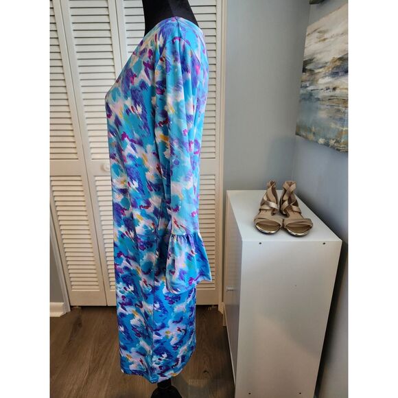 Caribbean Joe Blue Ruffle Sleeve Dress Small Relaxed fit Resort Boho Stretch - Picture 2 of 5